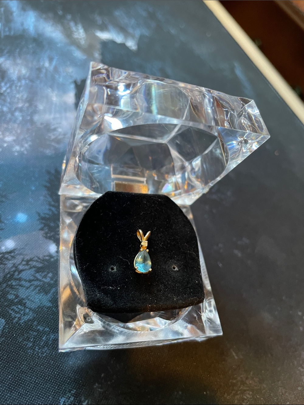 Blue Topaz Teardrop w/ a diamond - Gold Pendant